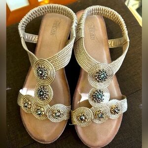 SHIBEVER Wedge Sandal Elastic Ankle Strap Sandals Open Toe Floral 7.5